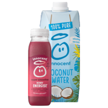 Innocent smoothie fles à 300 ml,
kokoswater pak à 500 ml
of juicy water with bubbles blik à 330 ml